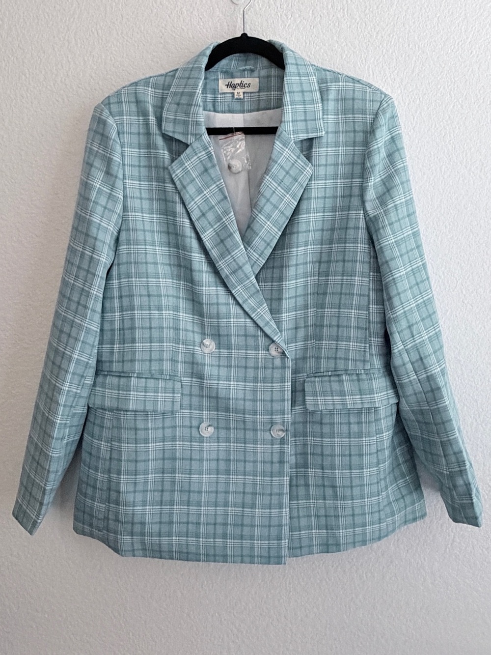 Haptics Teal Blue Plaid Oversized Double-Breasted Blazer Size Medium/Large NWT